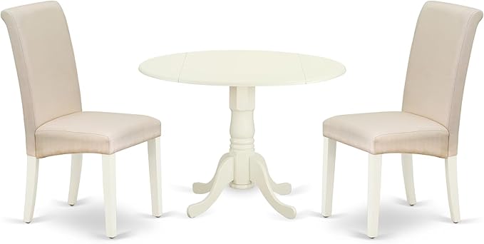 East West Furniture DLBA3-WHI-01 3 Piece Modern Dining Table Set Contains a Round Wooden Table with Dropleaf and 2 Cream Linen Fabric Upholstered Parson Chairs, 42x42 Inch, Linen White