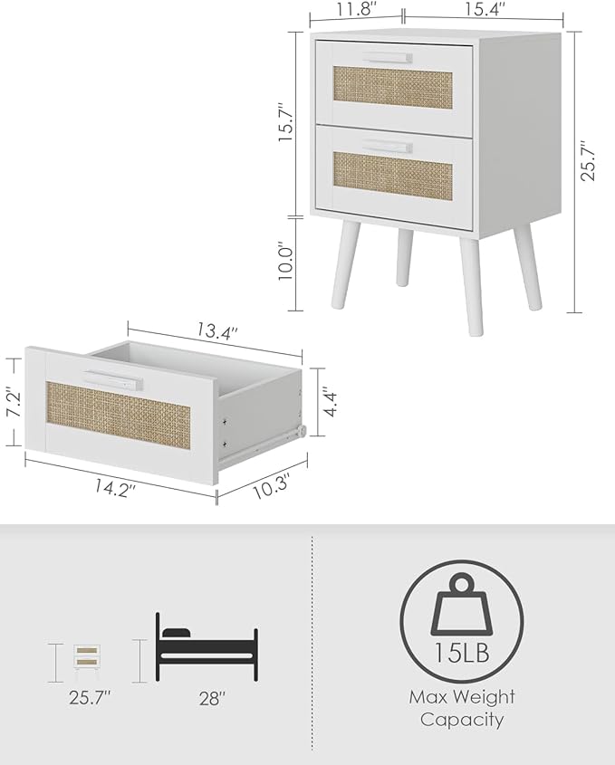 Masupu Rattan Night Stand, Modern nightstand Boho Bedside Table with 2 Drawer, Small End Side Table for Bedroom,Living Room,Office,White