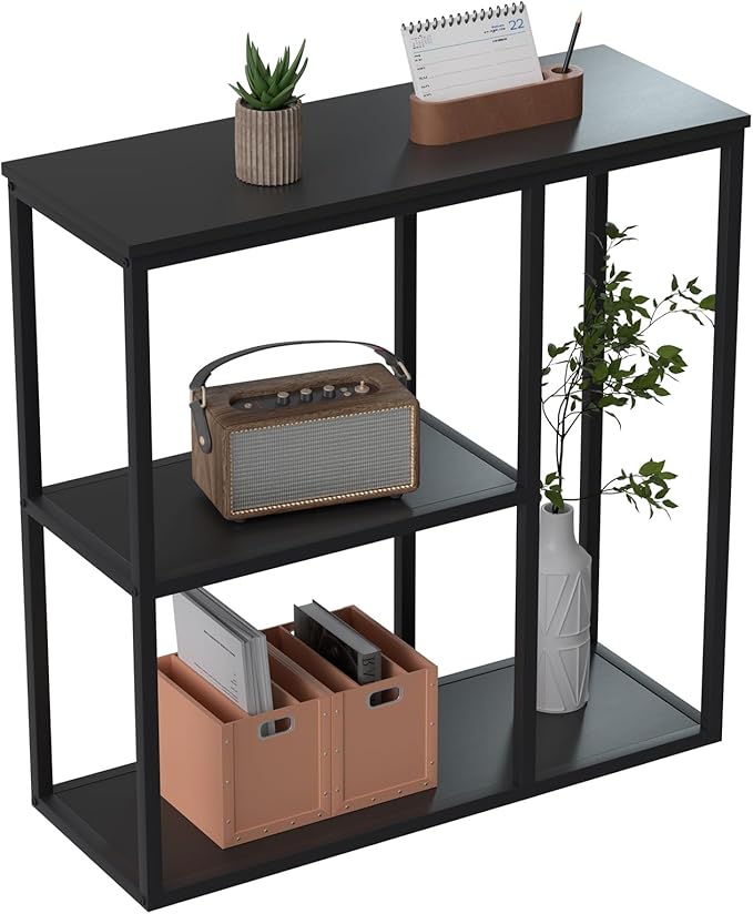 WOHOMO Console Table, 12'' Narrow Entryway Table for Living Room, 31.5'' x 31.5'' Black Industrial Sofa Table with 3-Tier Storage Shelves for Corridor, Hallway, Black