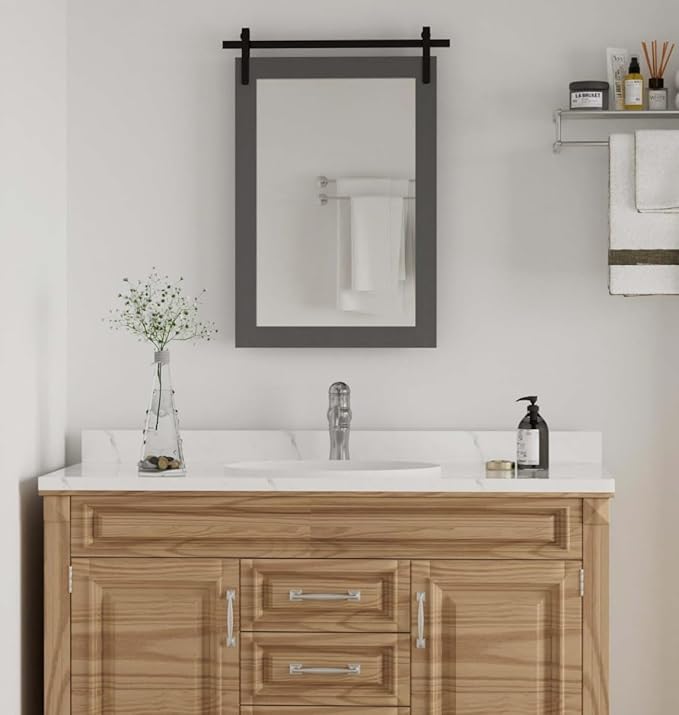 Farmhouse Wall Mirror, Rustic Wood Frame Bathroom Mirror Barn Door Inspired Decorative Vanity Dress Mirrors for Living Room Entryway, 18x26 INCH Gray Vertical