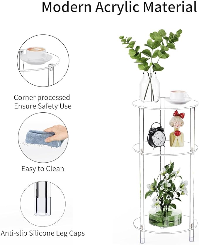 Clear Round Acrylic Side Table for Small Spaces, 11.81" L x 11.81" W x 24.6" H, 3 Tier Small Modern Drink End Table Nightstand, Minimalist Bedside Table for Living Room, Bedroom, Bathroom