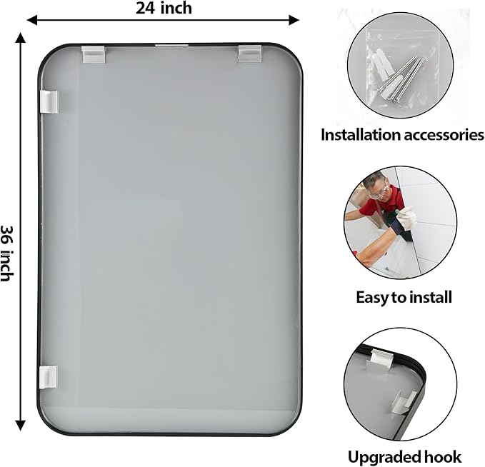 24x36 Inch Black Wall Mirror for Bathroom, Brushed Metal Framed Mirror with Rounded Corner, Rectangle Bathroom Vanity Mirror for Bedroom or Living Room, Horizontal/Vertical