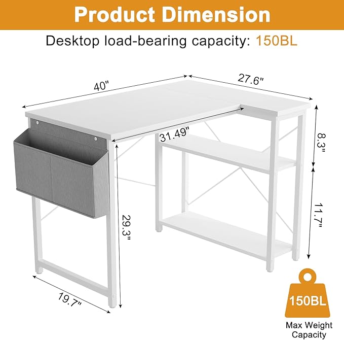 L Shaped Computer Desk with Reversible Shelves, 40 Inch Small Corner Desk with Storage Bag, Gaming Desk Computer Table Study Writing Desk for Home Office Small Space, White