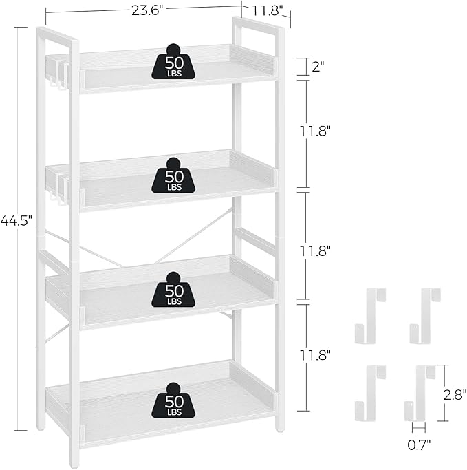 Rolanstar Bookshelf 4 Tier with 4 Hooks, Industrial Bookcase, Vintage Storage Rack with Open Shelves, Rustic Standing Bookshelves Metal Frame Display Rack for Living Room, Bedroom, White