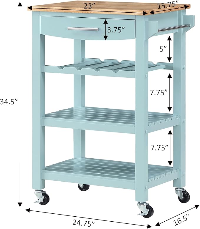 Convenience Concepts Ellaine Butcher Block Kitchen Cart 24.75" - 4 Tier Kitchen Island with Storage Drawer, Dining Room Wine Rack on Wheels, Coffee Station Table, Mobile Utility Trolley, Sea Foam