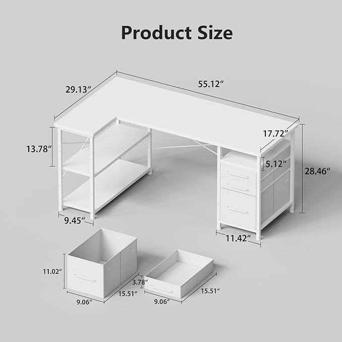 55" Computer Desk with Drawers, Desks for Bedrooms, Writing Desk with Storage, Work Desk for Small Space, White