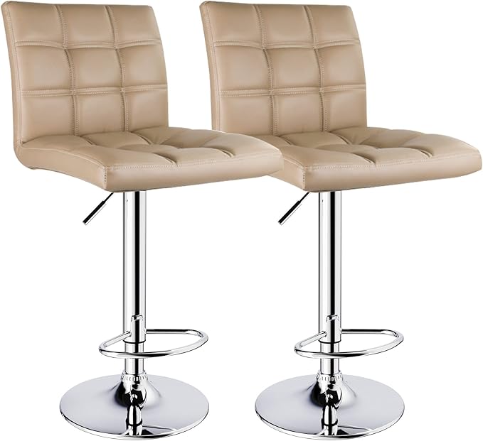 Leopard Modern Square PU Leather Adjustable Bar Stools with Back, Square Back Bar Stools Set of 2, Counter Height Swivel Stool (Khaki)