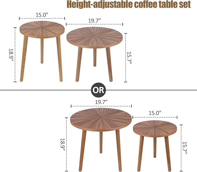 Round Coffee Table Set of 2, Mid Century Modern Coffee Table, Small Farmhouse Coffee Table, Wood Nightstand Bedside Table, Boho Side Table End Tables for Living Room Bedroom Office Balcony