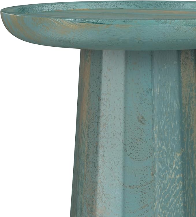 SIMPLIHOME Dayton Solid Mango Wood 13 inch Wide Round Contemporary Wooden Accent Table in Teal Wash, Fully Assembled for The Living Room and Bedroom