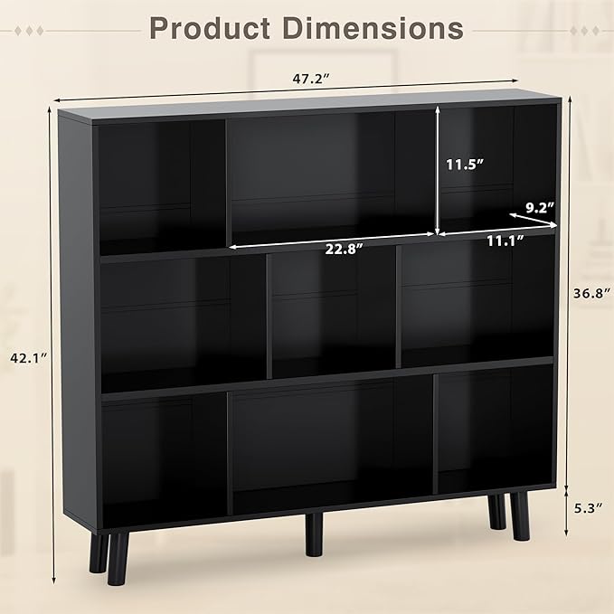YESHOMY 9 Black Cube Bookcase, Open Frame 3-Tier Book Shelf, Bookshelf Storage Organizer with Feet & Anti-Tilt Device for Organization, Room Decor