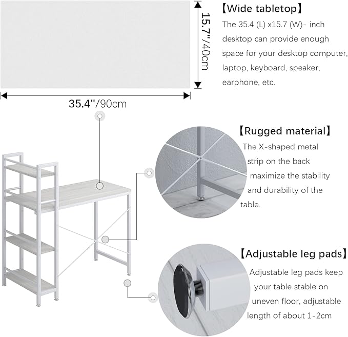 4NM 35" Small Computer Desk with 4-Tier Bookshelf, Home Office Desk Writing Workstation Study Table Multipurpose for Small Space Work - All White