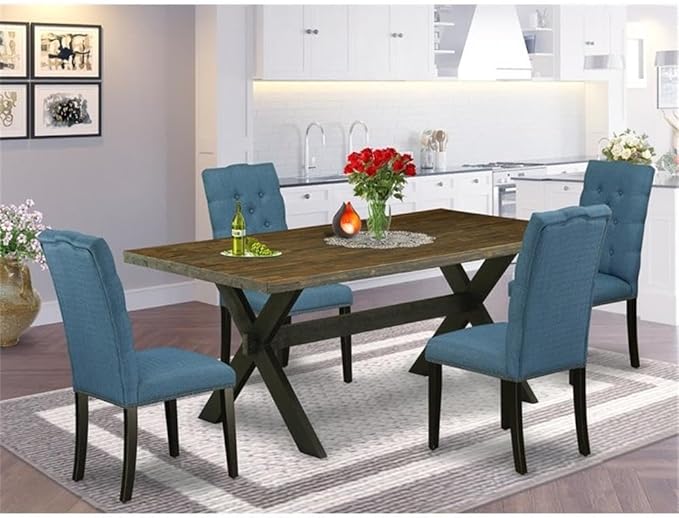 East West Furniture X677EL121-5 5 Piece Modern Dining Table Set Includes a Rectangle Wooden Table with X-Legs and 4 Blue Linen Fabric Upholstered Chairs, 40x72 Inch, Multi-Color