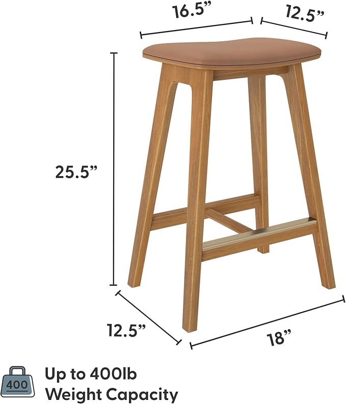 Plank+Beam Beryl Counter Height Stool - Mid-Century Modern Rubberwood Bar Stool with Faux Leather Seat, Metal Footrest, Easy Assembly, 2-Pack, Pecan/Toffee