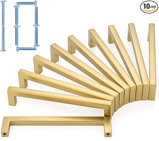 KOOFIZO Solid Square Bar Cabinet Handle - Brushed Gold Furniture Pull, 5 Inch/128mm Screwhole Distance, 10-Pack for Kitchen Cupboard Door, Bedroom Dresser Drawer, Bathroom Wardrobe Hardware