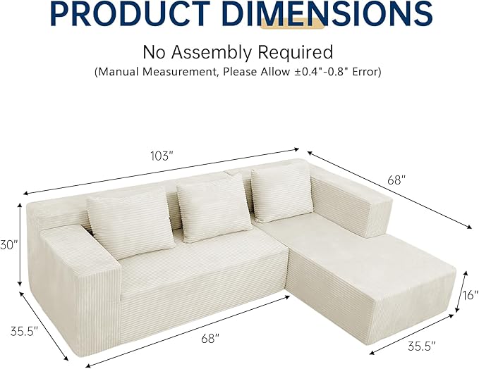 ANONER 103" Cloud Sectional Couch with Deep Seat, Modern Modular Boneless Couch L-Shape Upholstered Sofa with Chaise, Free Combination Corduroy Couches for Living Room, Beige
