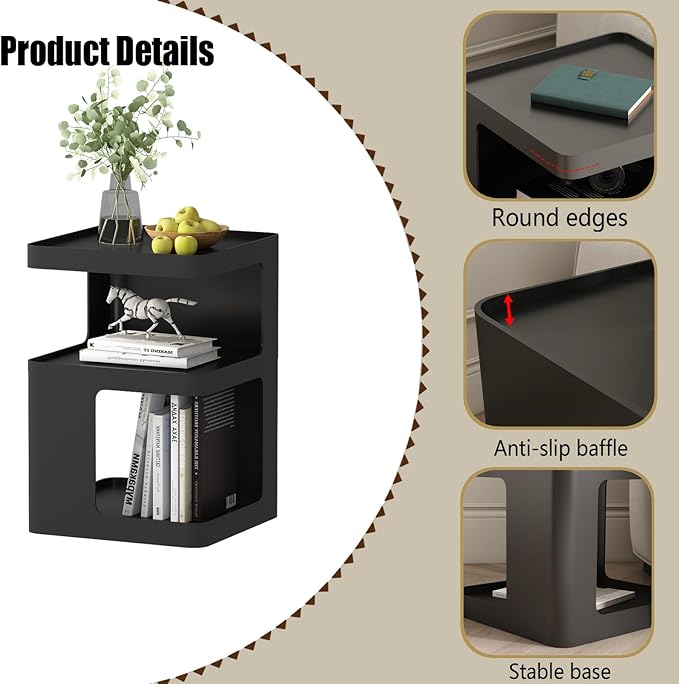 Black Modern Side Table, 3-Tier Metal NightStand with Storage, End Table Living Room, Small Night Stand for Bedroom, Bedside Table for Small Space, No Assembly Required