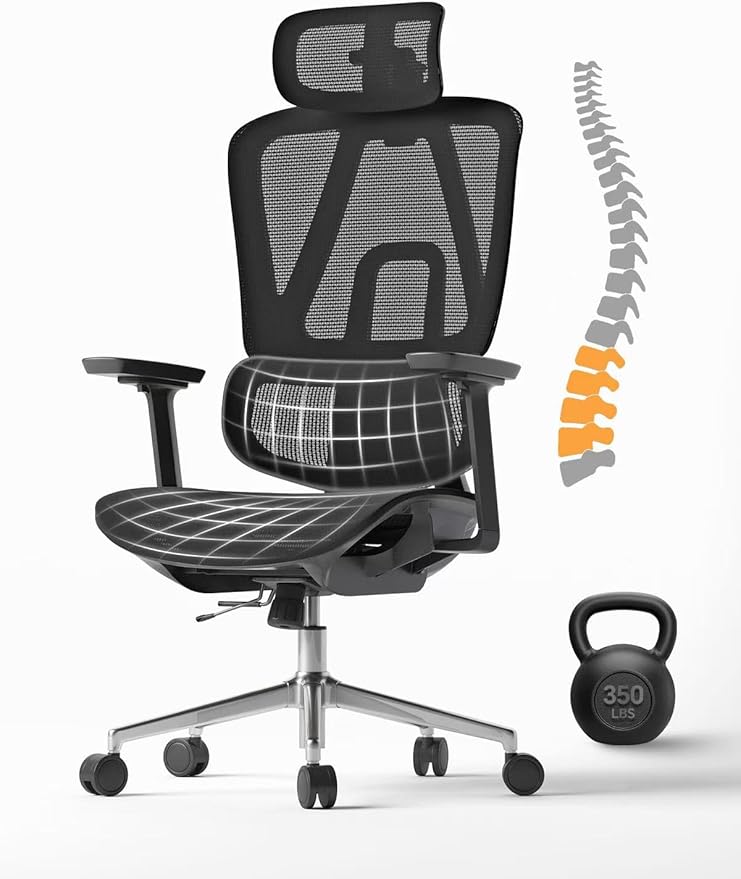 Ergonomic Office Chair with 3D Lumbar Support/Headrest/Armrest/, Mesh Executive Office Chair with Seat Depth & Height Adjustment, Big and Tall Desk Chair with 3-Gear Lock Recline for Long Hours