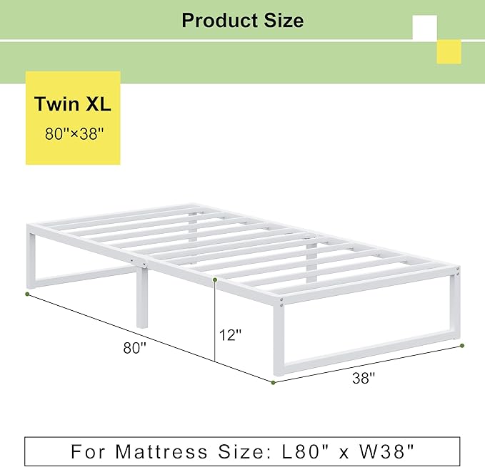 EMODA 12 Inch Twin XL Bed Frame, Metal Platform White Bed Frame No Box Spring Needed, Heavy Duty Steel Slats Support, Easy Assembly, Noise Free