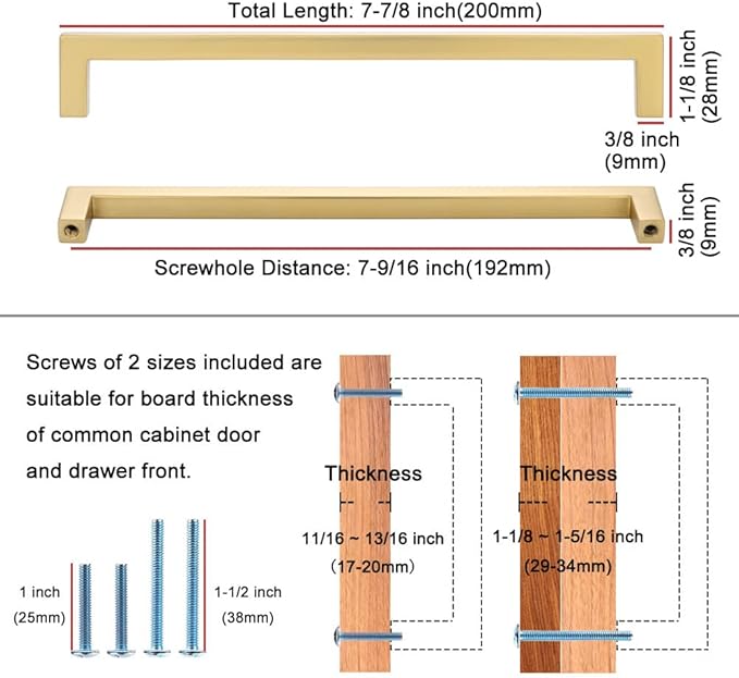 KOOFIZO Solid Square Bar Cabinet Handle - Brushed Gold Furniture Pull, 7.6 Inch/192mm Screwhole Distance, Pack of 5 for Kitchen Cupboard Door, Bedroom Dresser Drawer, Bathroom Wardrobe Hardware