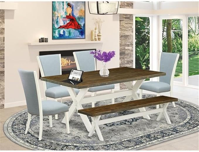 East West Furniture X077VE215-6 6 Piece Dining Table Set Contains a Rectangle Dining Room Table and 4 Baby Blue Linen Fabric Upholstered Chairs with a Bench, 40x72 Inch, Multi-Color