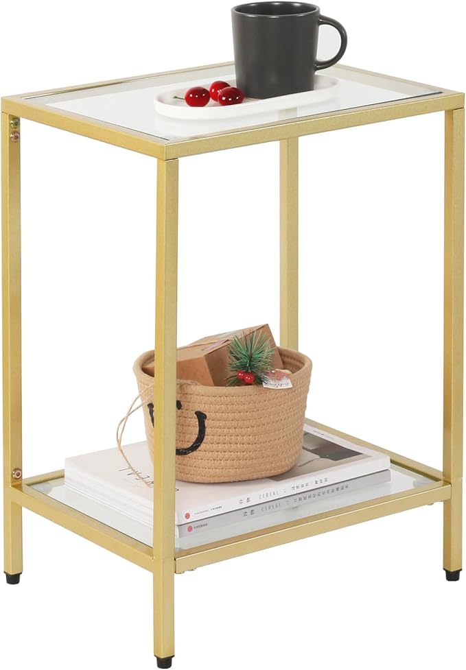 Modern 2-Tier Tempered Glass End Table - Stylish Black Metal Side Table for Small Spaces, Perfect for Living Room & Bedroom (Gold, 1PCS)