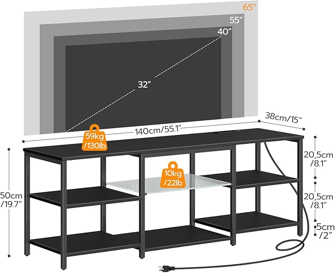 HOOBRO LED TV Stand for 65 Inch TVs with Charging Station, Gaming Entertainment Center with 3-Tier Open Storage, Long Media TV Console Table, TV Stand for Living Room, Bedroom, Black BB20UDDS01