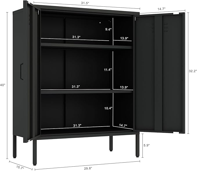 Manhattan Comfort Naomi Modern Metal Accent Cabinet, Minimalist Storage Cabinet with Doors & Adjustable Shelves, Vented Doors, Sturdy Steel Build, Versatile & Multi-Purpose Home Furniture, Black
