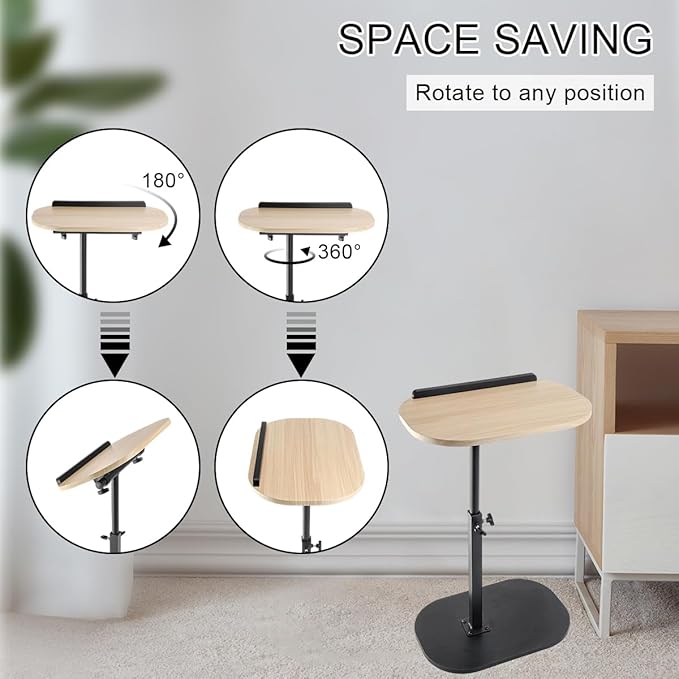 Comeon C-Shaped Tv Tray Pedestal Side Table, End Table Adjustable Height in Couch Living Room or Bedroomwith 360° Rotating Top for Small Spaces Bedside Night Stand Bedside Snack (Wood Color)