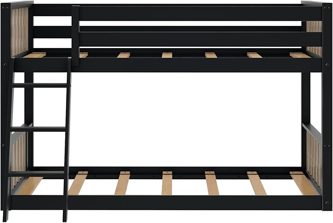 Max & Lily Low Bunk Bed, Scandinavian Modern Bunk Bed, Solid Wood Twin-Over-Twin Bed Frame for Kids, No Box Spring Needed, Black/Blonde