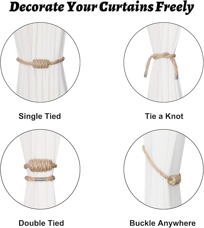 BEL AVENIR Magnetic Jute Curtain Tiebacks, Decorative Drapery Holdbacks Bohemian Style Woven Tie-Backs with Exquisite Knot (Jute, 6 Pack)