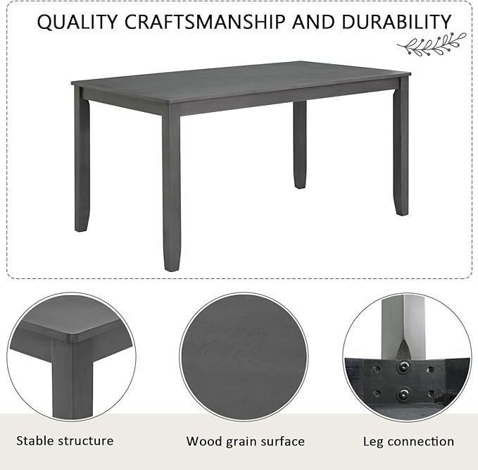 KEIKI 6-Piece Standard Height Dining Table Set with Rectangular Table, 4 Upholstered Chair, Bench, for 6 Person, Farmhouse Rustic Style Table Set, Easy Assembly, for Kitchen, Dining Room, Gray