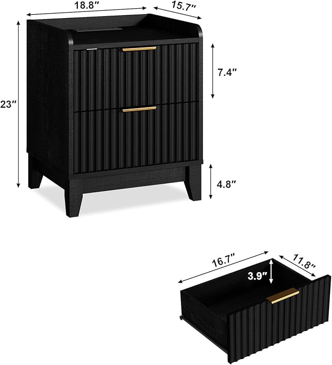 Wnutrees Fluted Nightstand with Charging Station, Modern Bedside Table with 2 Drawers, Farmhouse Wooden End Side Table Living Room, 2 Pack, Black