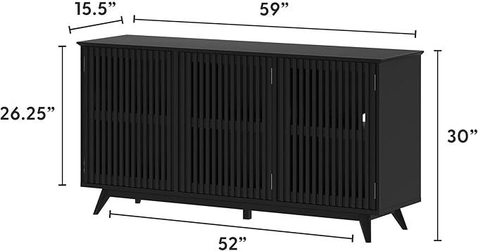 Plank+Beam Mid-Century Modern Wood TV Stand, Three Door Solid Wood Entertainment Console with Storage, 59" L x 16" W x 30" H, Black