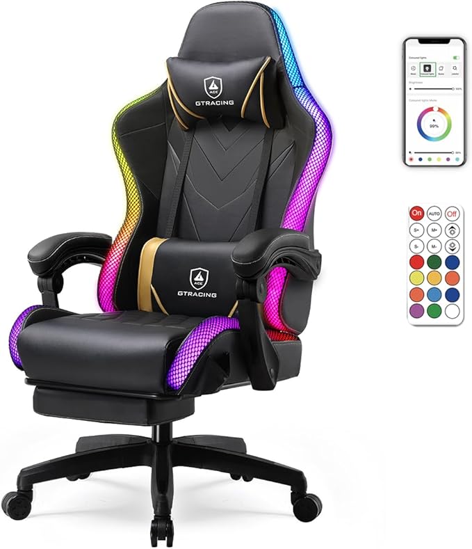 GTPLAYER Gaming Chair, RGB Gaming Chairs with LED Lights, Video Gaming Chair for Adults, Ergonomic Computer Gaming Chair with Linkage Armrest, Reclining Chair with Headrest (Without Massage, Black)