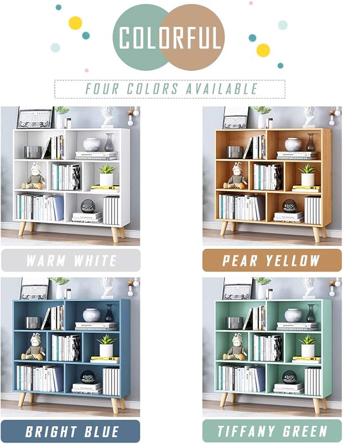 IOTXY Wooden Open Shelf Bookcase - 3-Tier Floorstanding Display Cabinet Rack with Legs, 7 Cubes Free Standing Bookshelf, Warm White