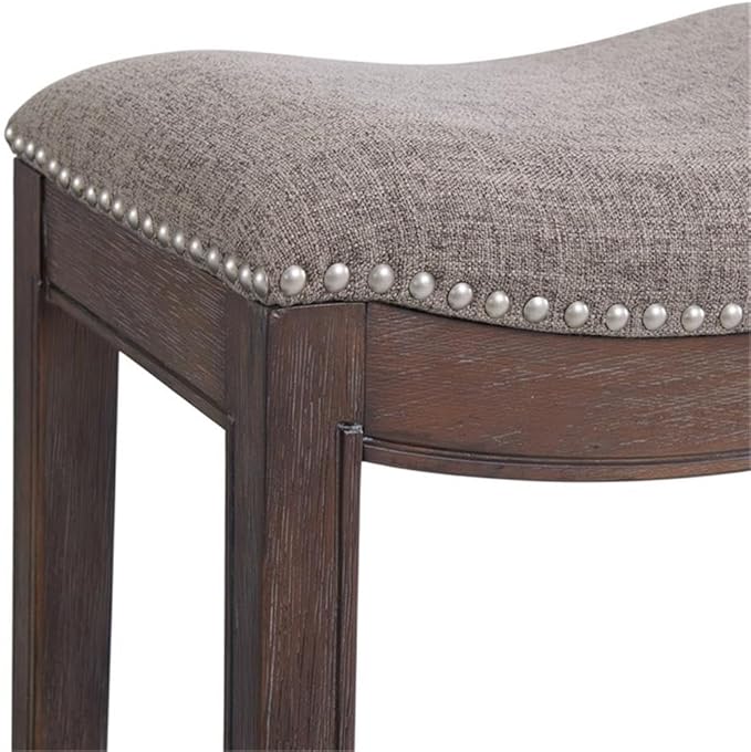 Williston Dark Brown Wood Counter Height Stool Set of 2, 18.25 in. W Seat with Linen-Like Fabric & Silver Satin Nail Heads, Kitchen Furniture Bar Stools w/Solid Rubberwood Frame & Metal Kick Plate
