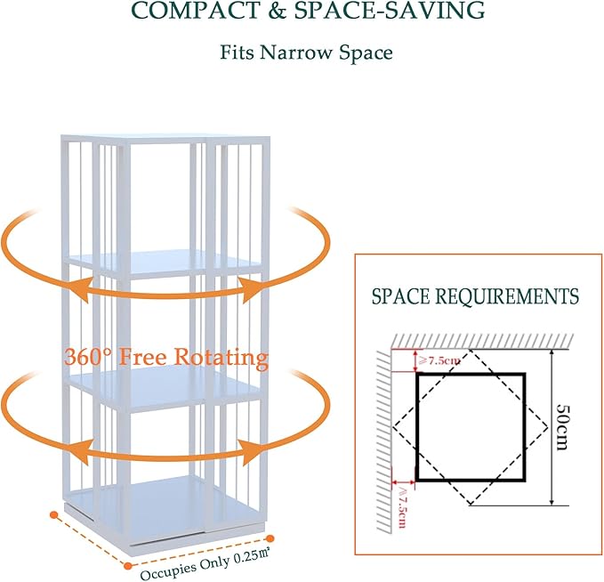 Square Rotating Bookshelf Tower - 360 Spinning Display Corner Bookcase for Narrow Space, Modern 3-Tier Revolving Storage Shelf, White