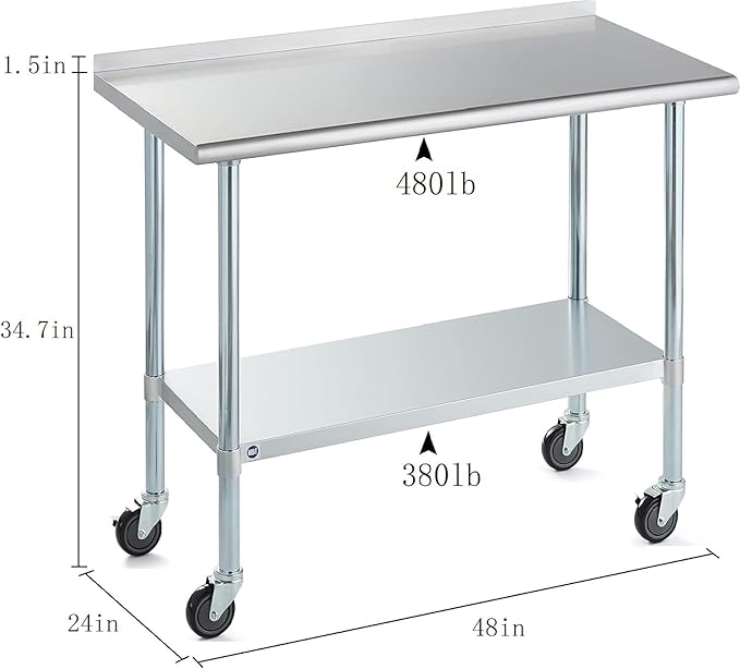 Stainless Steel Table for Prep & Work with Caster & Backsplash 24x48 Inches, NSF Metal Commercial Kitchen Heavy Duty Table with Adjustable Under Shelf and Table Foot for Restaurant, Home and Hotel