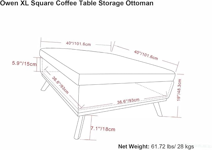 SIMPLIHOME Owen 40 inch Wide Mid Century Modern Square XL Coffee Table Storage Ottoman in Slate Grey Polyester Fabric, Assembled, for The Living Room, Entryway and Family Room