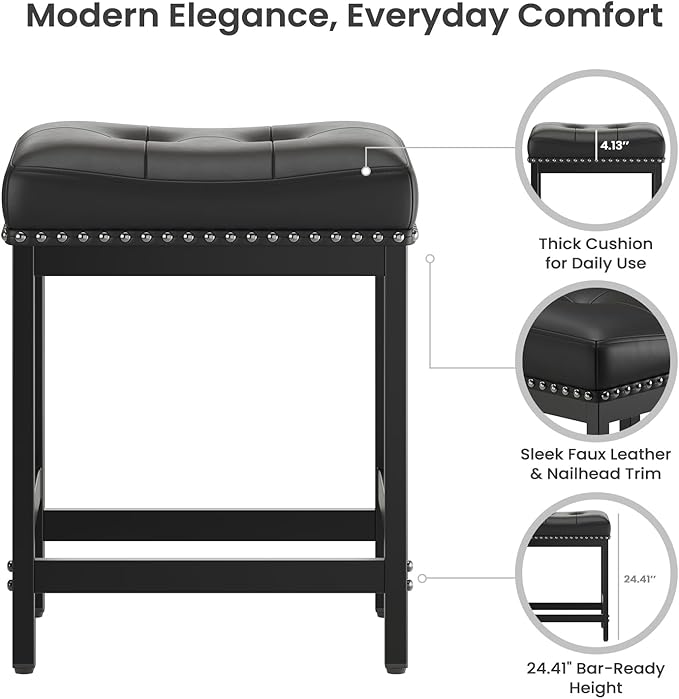 MALOL Set of 2 Saddle Bar Stools Counter Height 24.4”, Black Backless Barstools for Kitchen Island, Modern PU Leather Cushioned Seat, Bar Chairs for Kitchen Counter, Breakfast Bar Stools for Home