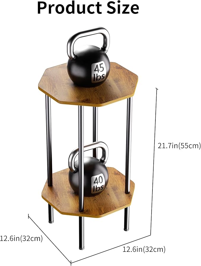 Side Table, Octagonal End Table for Small Spaces, Nightstand with 2 Storage Shelves, Small Table Stand for Bedroom, Living Room, Outdoor Balcony(Brown)
