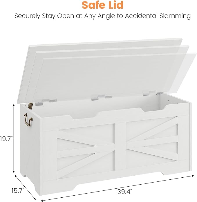 GarveeHome 39.4" Storage Chest, Toy Chest With Lids, Entryway Storage Bench with Safety Hinge, Wooden Storage Trunk, Supports 350 Lb, for Living Room, Bedroom,White