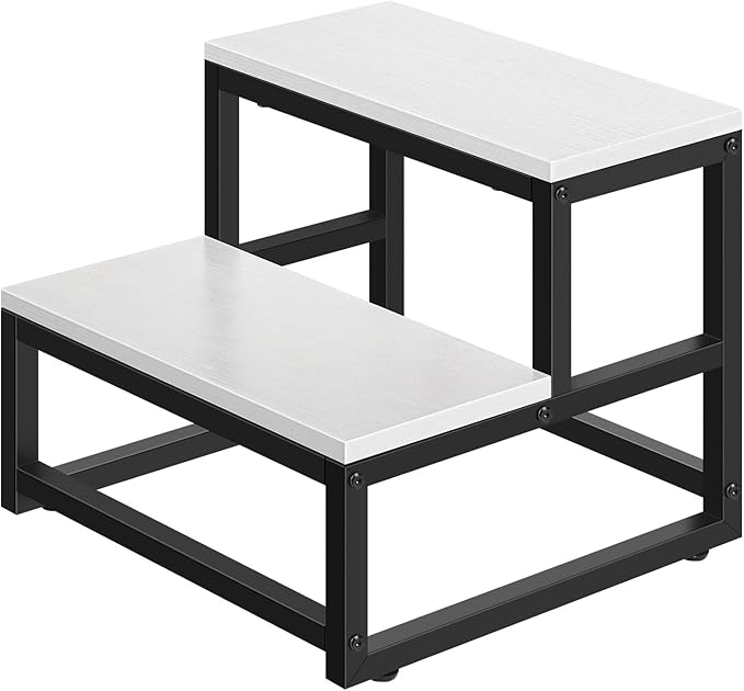 Wood and Metal 2 Step Stool for Adults & Kids – Heavy Duty Rustic Step Stools, 500 Lbs Capacity Non-Slip Stepping Stool for High Beds, Kitchen, Bathroom, Closet, Durable Foot Stool for Home Use,White