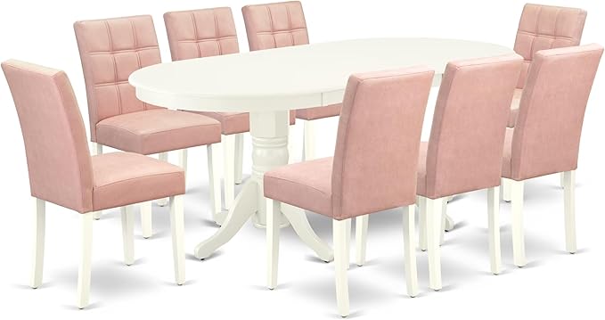 East West Furniture VAAS9-LWH-42 9 Piece Kitchen Table Set Mid-Century Includes A Dining Table and 8 Beige Red Polyester Fabric Upholstered Dining Chairs with Stylish Back- Linen White Finish