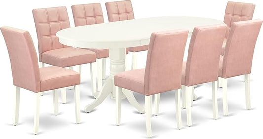 East West Furniture VAAS9-LWH-42 9 Piece Kitchen Table Set Mid-Century Includes A Dining Table and 8 Beige Red Polyester Fabric Upholstered Dining Chairs with Stylish Back- Linen White Finish