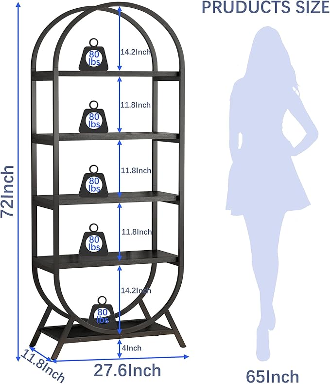 Bookshelf Arched Bookcase Set 2, 5 Tier Open Freestanding Display Shelf for Home Office, Living Room, Black
