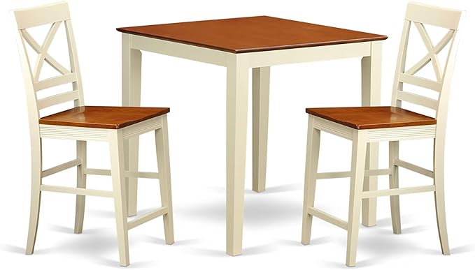 East West Furniture VNQU3-WHI-W 3 Piece Kitchen Counter Height Dining Table Set Contains a Square Pub Table and 2 Dining Room Chairs, 36x36 Inch, Buttermilk & Cherry