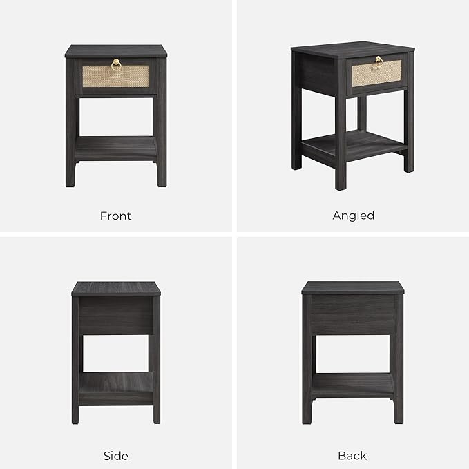 SICOTAS Rattan Nightstand, Rattan Decor Drawer with Brass Knobs Night Stand Bedside Table Boho End Tables Side Tables with Storage Shelf for Bedroom,Small Space