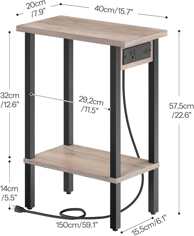 HOOBRO Small End Table with Charging Station, Narrow Side Table with USB Port and Outlets, Skinny Sofa Table, Slim Nightstand, Living Room, Bedroom, Greige and Black BG240UBZ01