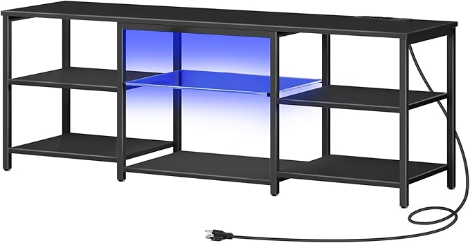 HOOBRO LED TV Stand for 65 Inch TVs with Charging Station, Gaming Entertainment Center with 3-Tier Open Storage, Long Media TV Console Table, TV Stand for Living Room, Bedroom, Black BB20UDDS01